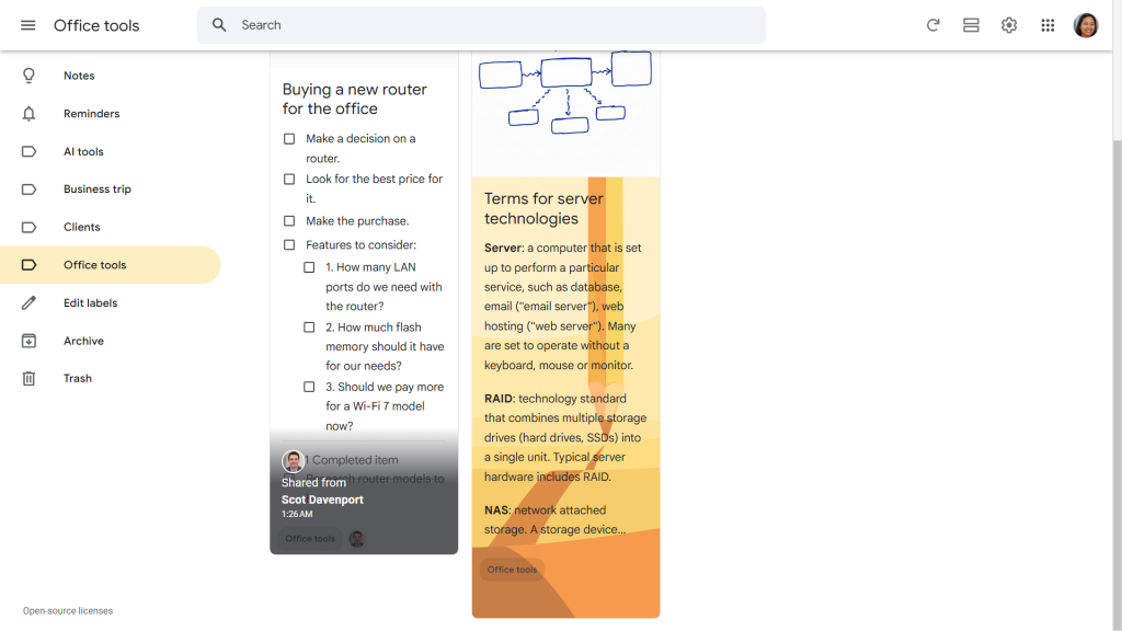 google keep main screen showing notes with label office tools