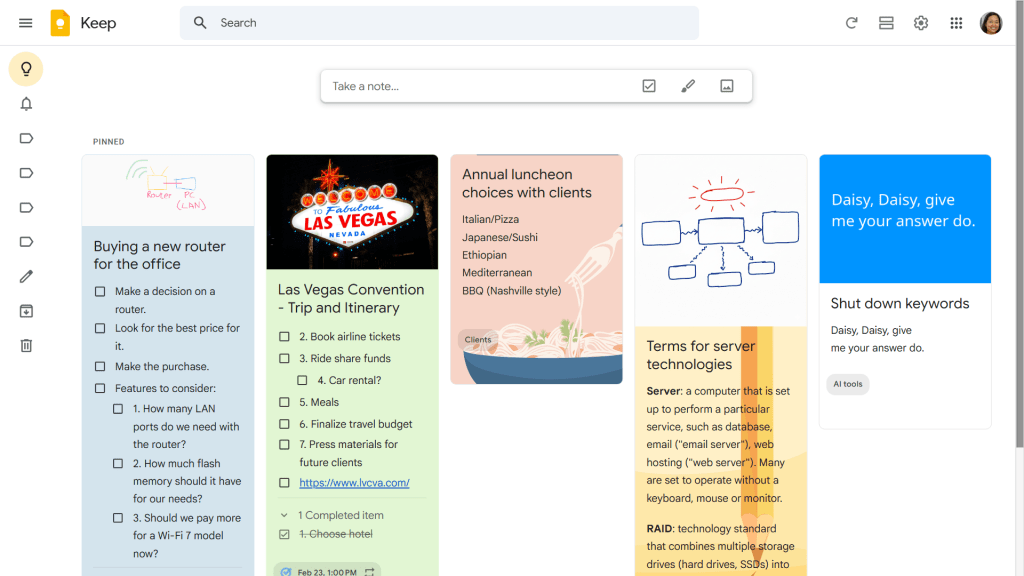 google keep screen with narrow sidebar and five notes visible across the screen instead of four