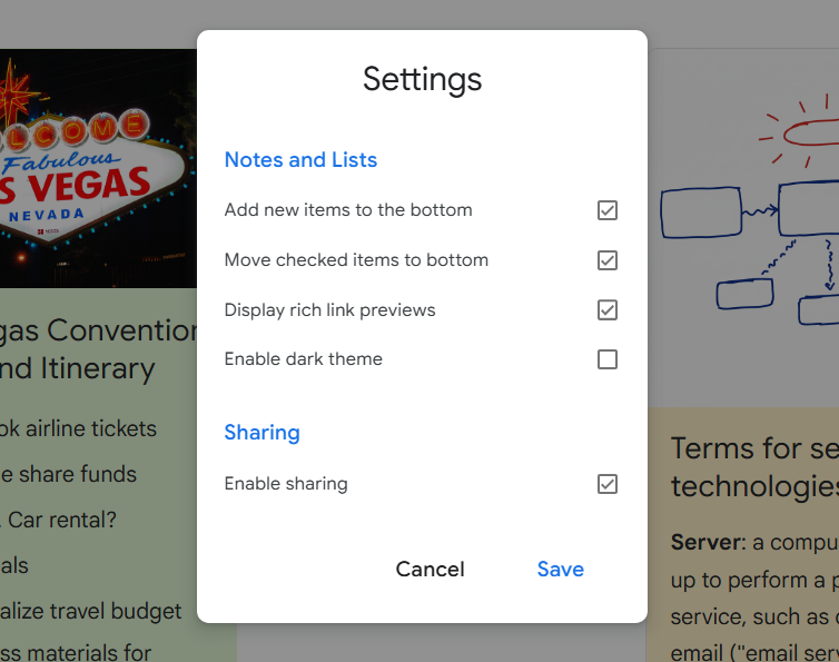 settings pane in google keep