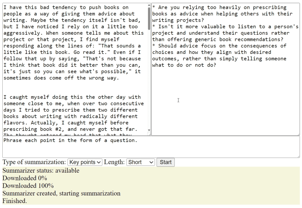 Example output for built-in text summarizer AI model in Chrome and Edge.