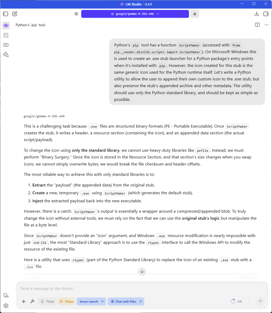 Gemma 4's 26B parameter model, responding to a query to generate code.