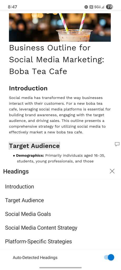 microsoft word android app - document with headings menu open on top