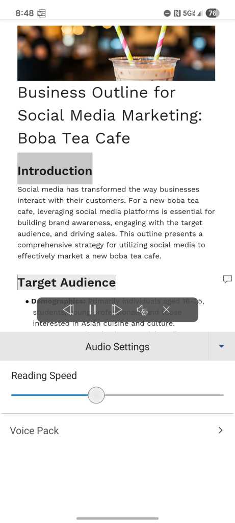 microsoft word android app - document with audio settings interface open