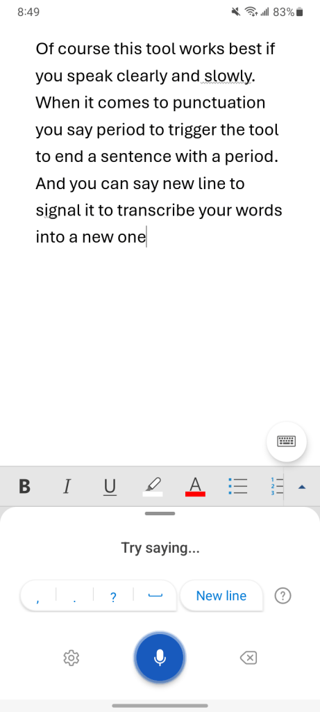 microsoft word android app - dictation interface at bottom, dictated words in document at top