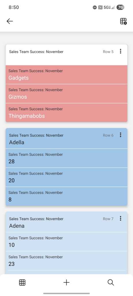 microsoft excel android app - a table is shown in cards view for easier reading and navigation
