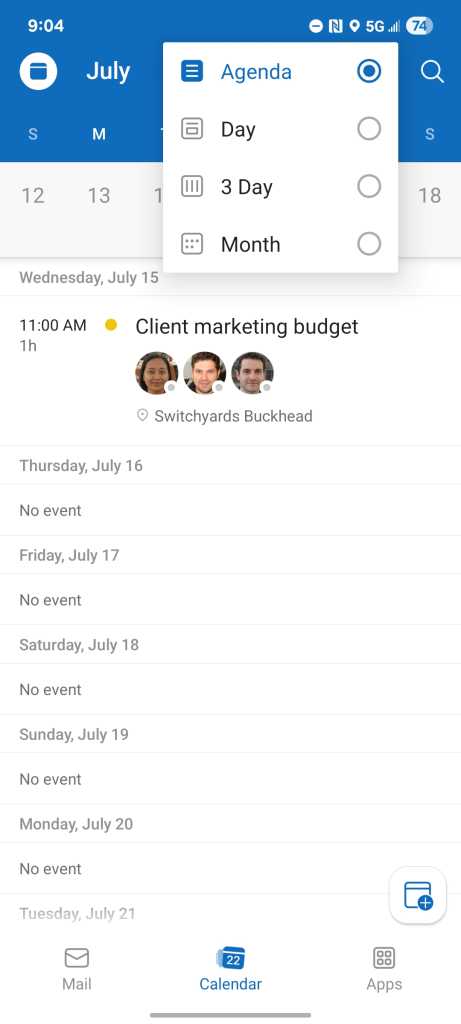microsoft outlook android app - agenda view shows upcoming events in a list