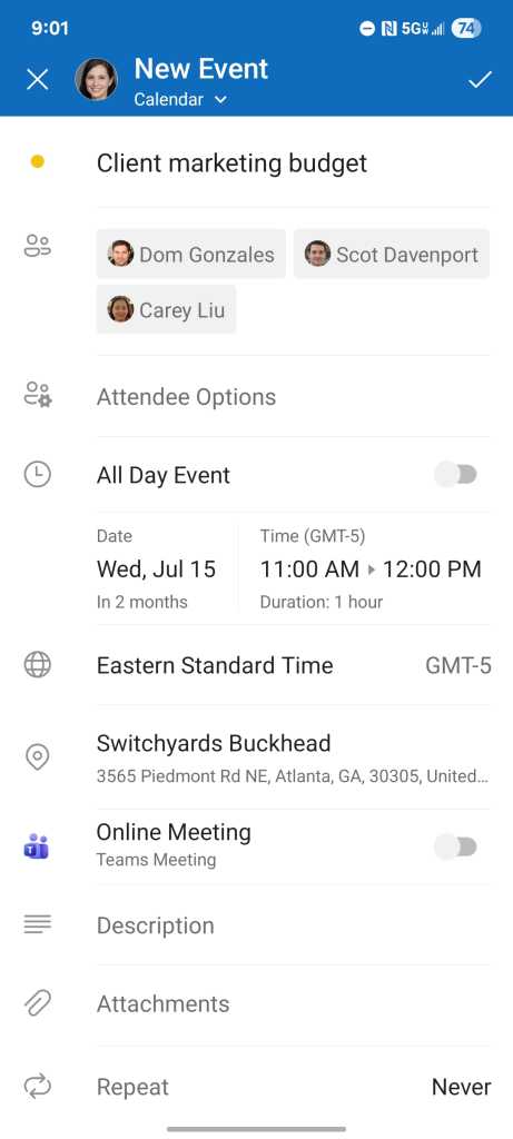 microsoft outlook android app - new event screen with title, invitees, time, and location filled in