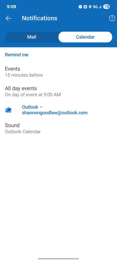 microsoft outlook android app - calendar notifications screen