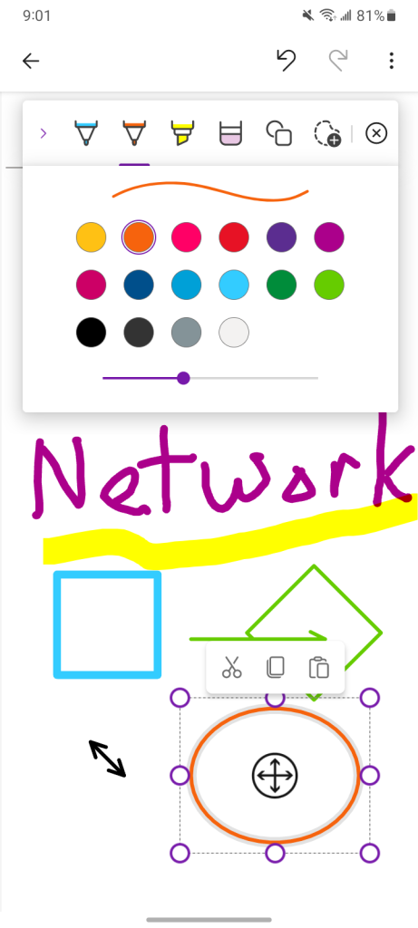 microsoft onenote android app showing drawing tools and a sketched diagram on the note page