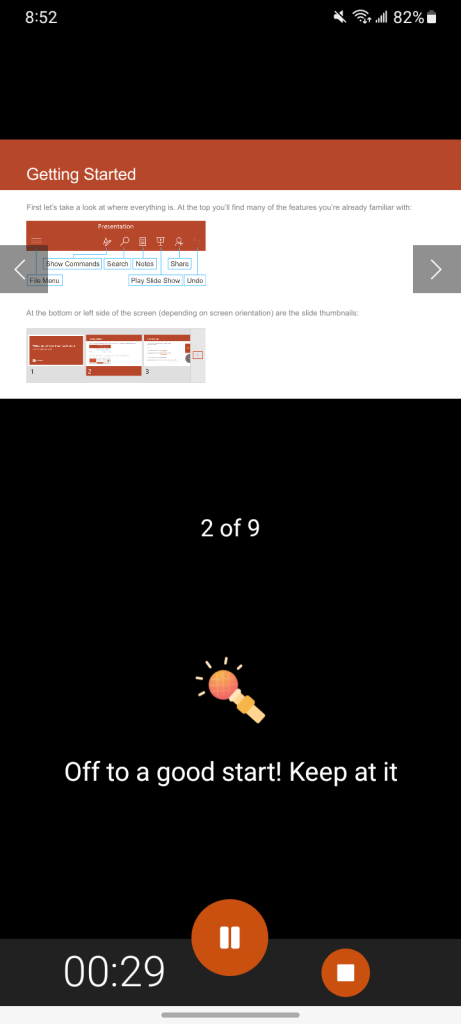 microsoft powerpoint android app - rehearsal screen with encouragement from coach