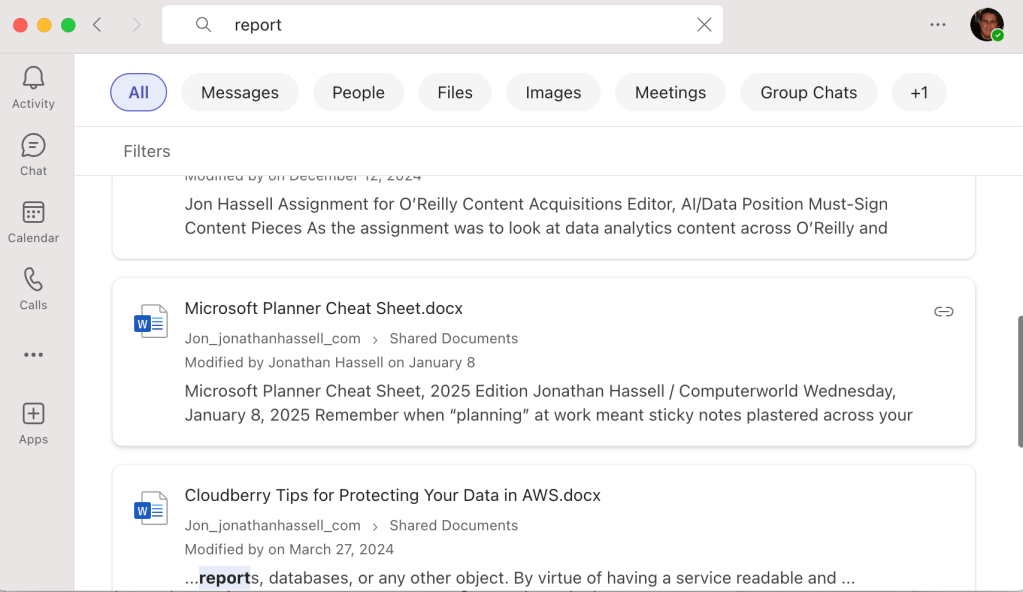 screenshot of search results for report in teams