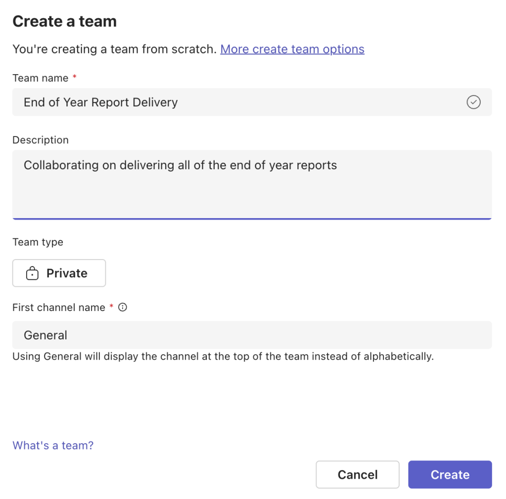 screenshot of the create a team form in microsoft teams