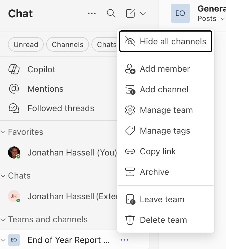 screenshot of menu with options for managing a team in microsoft teams