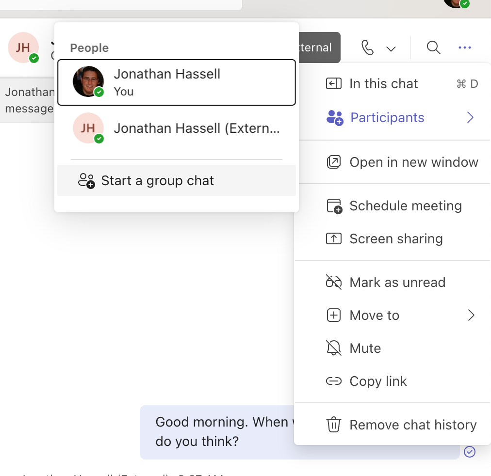 screenshot of start a group chat menu in microsoft teams