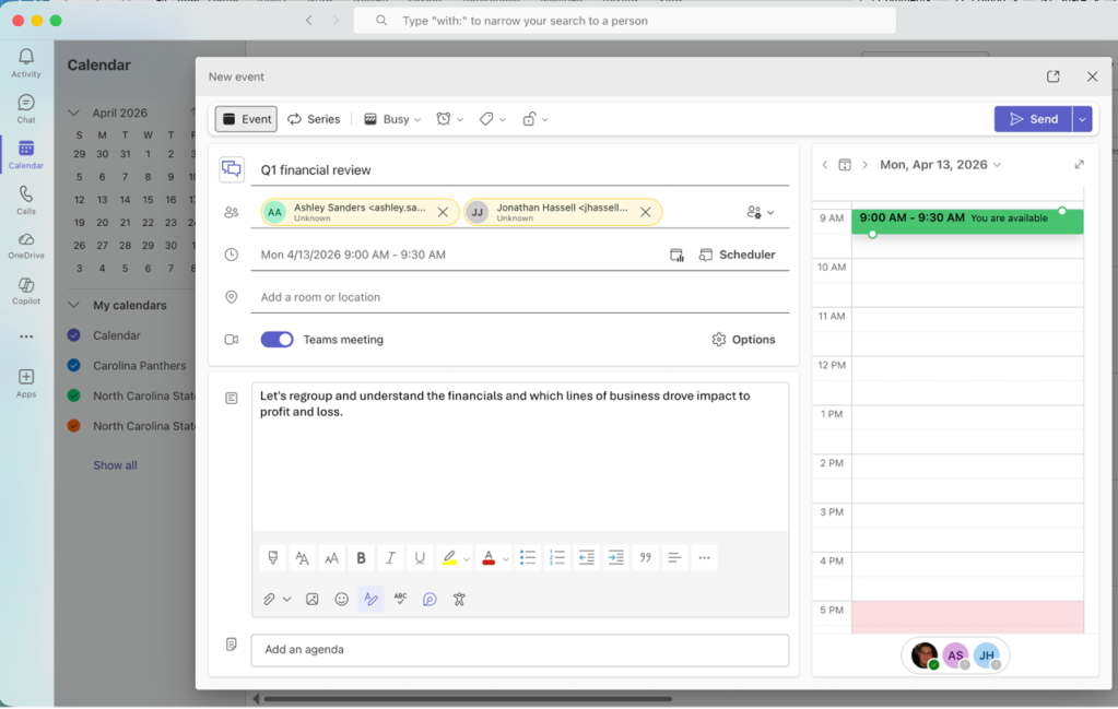 screenshot of new meeting form in microsoft teams