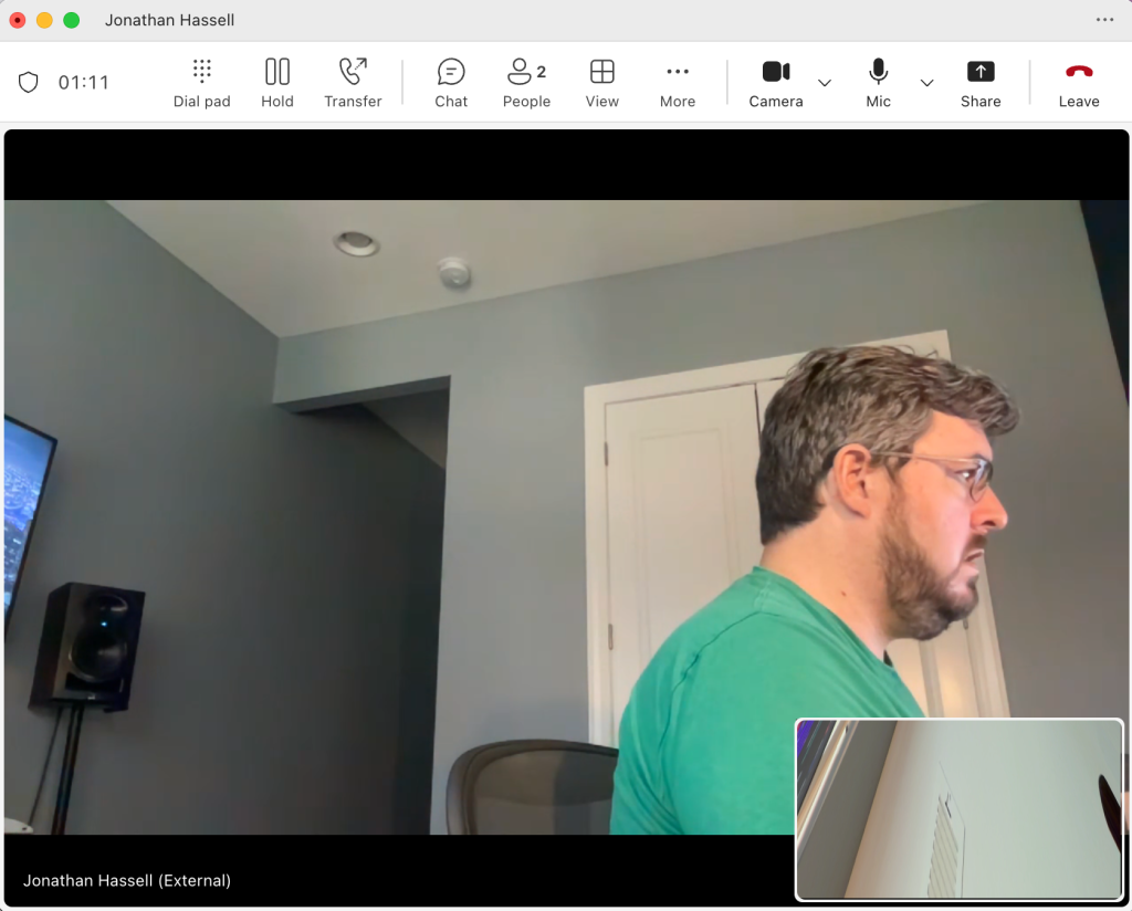 screenshot of teamsm call window with controls along top and live video in main area
