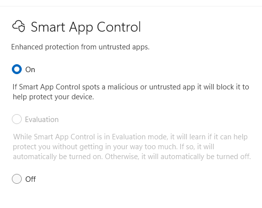windows 11 smart app control screen in windows security