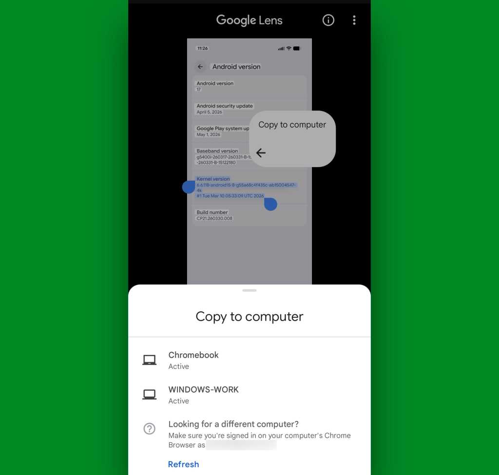 Sync Android-computer clipboard: Google Lens copy menu