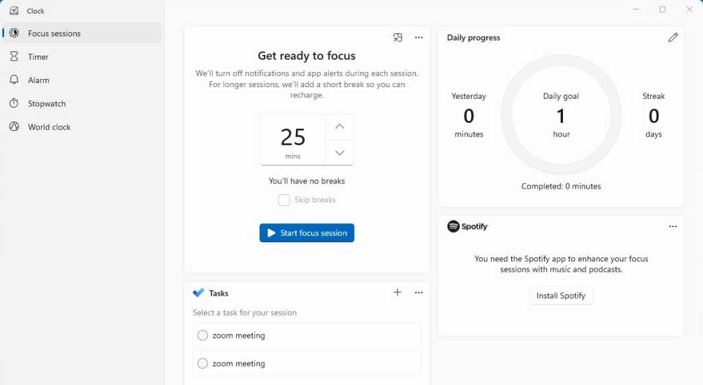 screenshot of focus session screen in windows 11