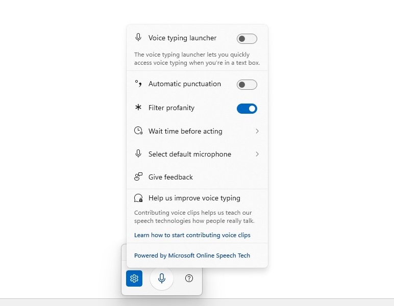 screenshot of voice typing settings in windows 11