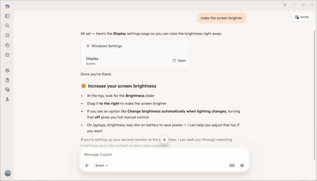 screenshot of copilot with response saying how to adjust screen brigntess in windows 11
