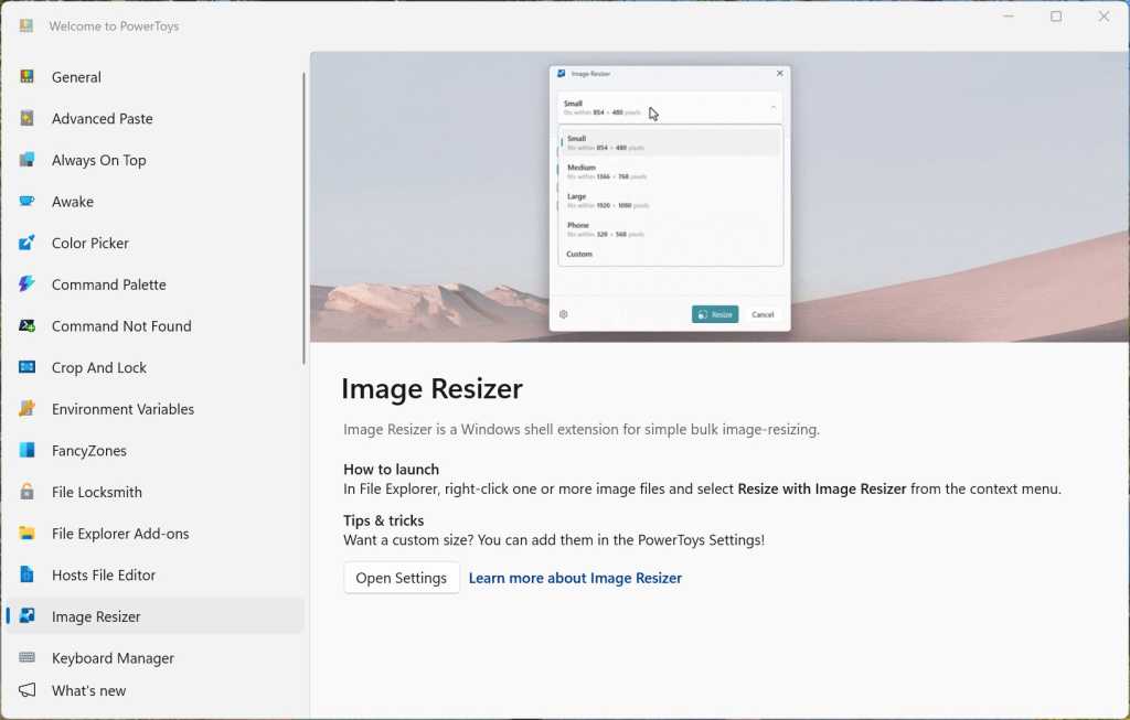 screenshot of image resizer tool in windows powertoys