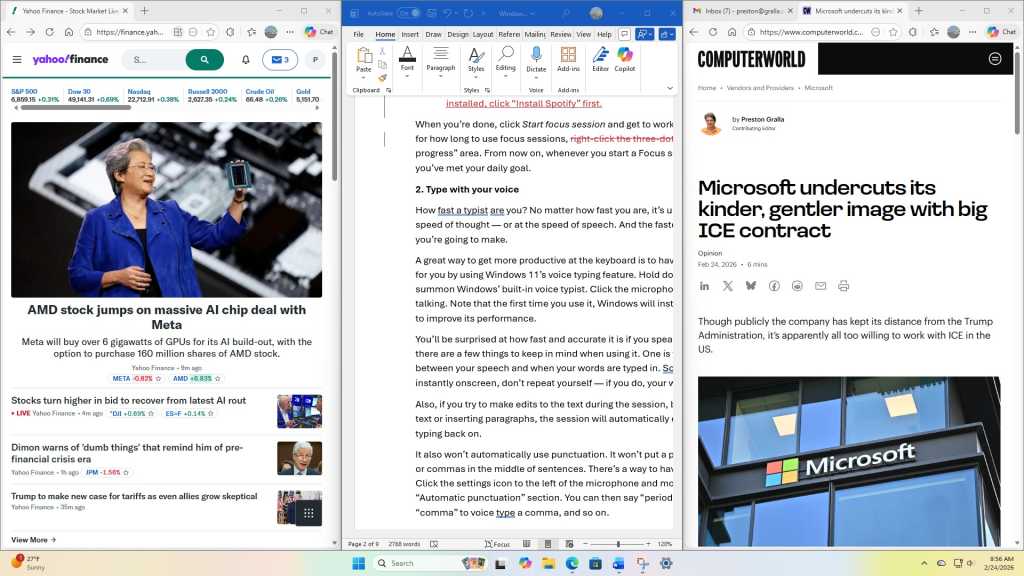 screenshot of three app windows snapped side by side in windows 11