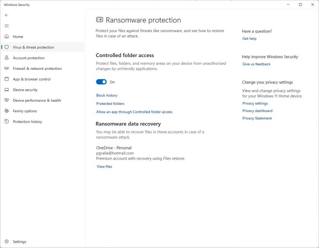 ransomware protection screen in windows 11 settings with controlled folder access toggle turned on