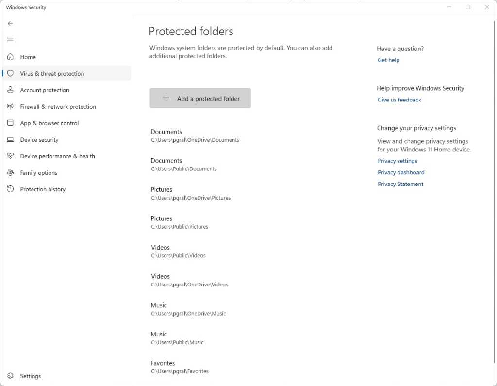 protected folders list in windows 11 security settings