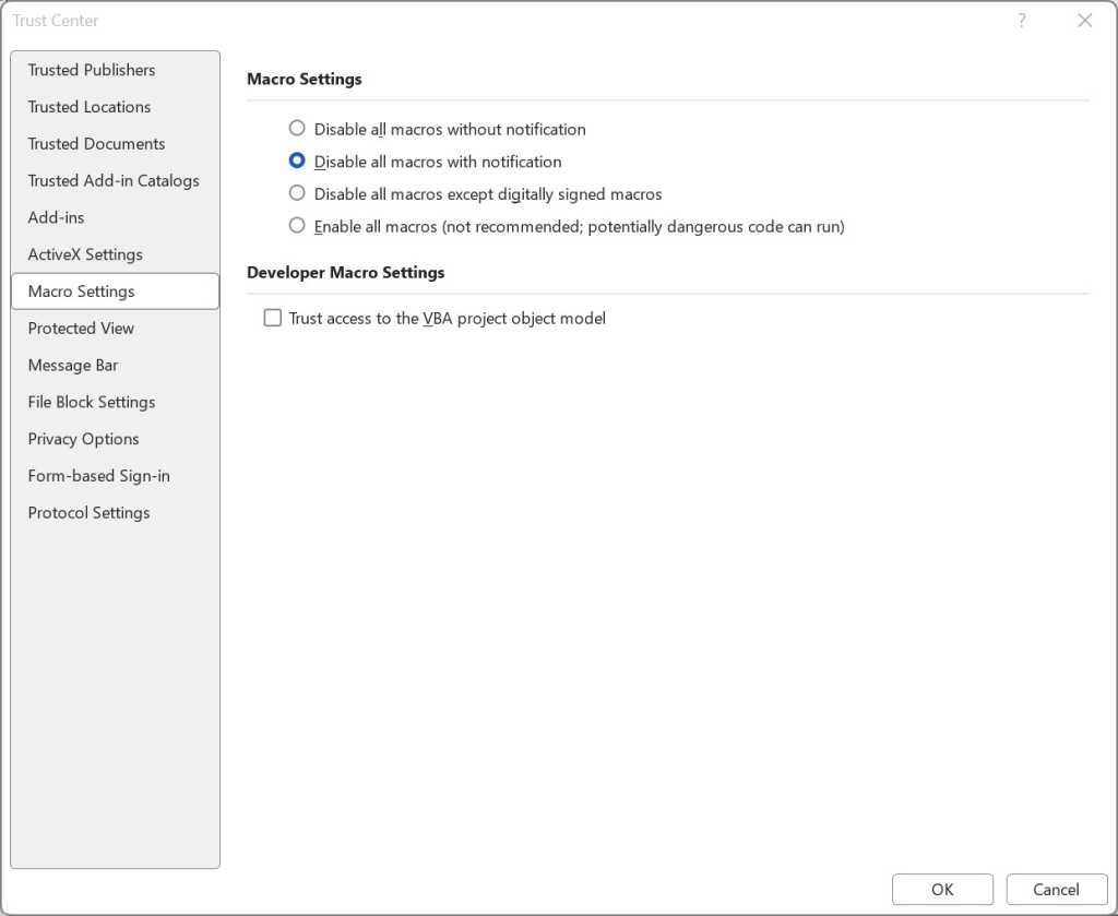 macro settings screen in microsoft word with disable all macros with notification selected