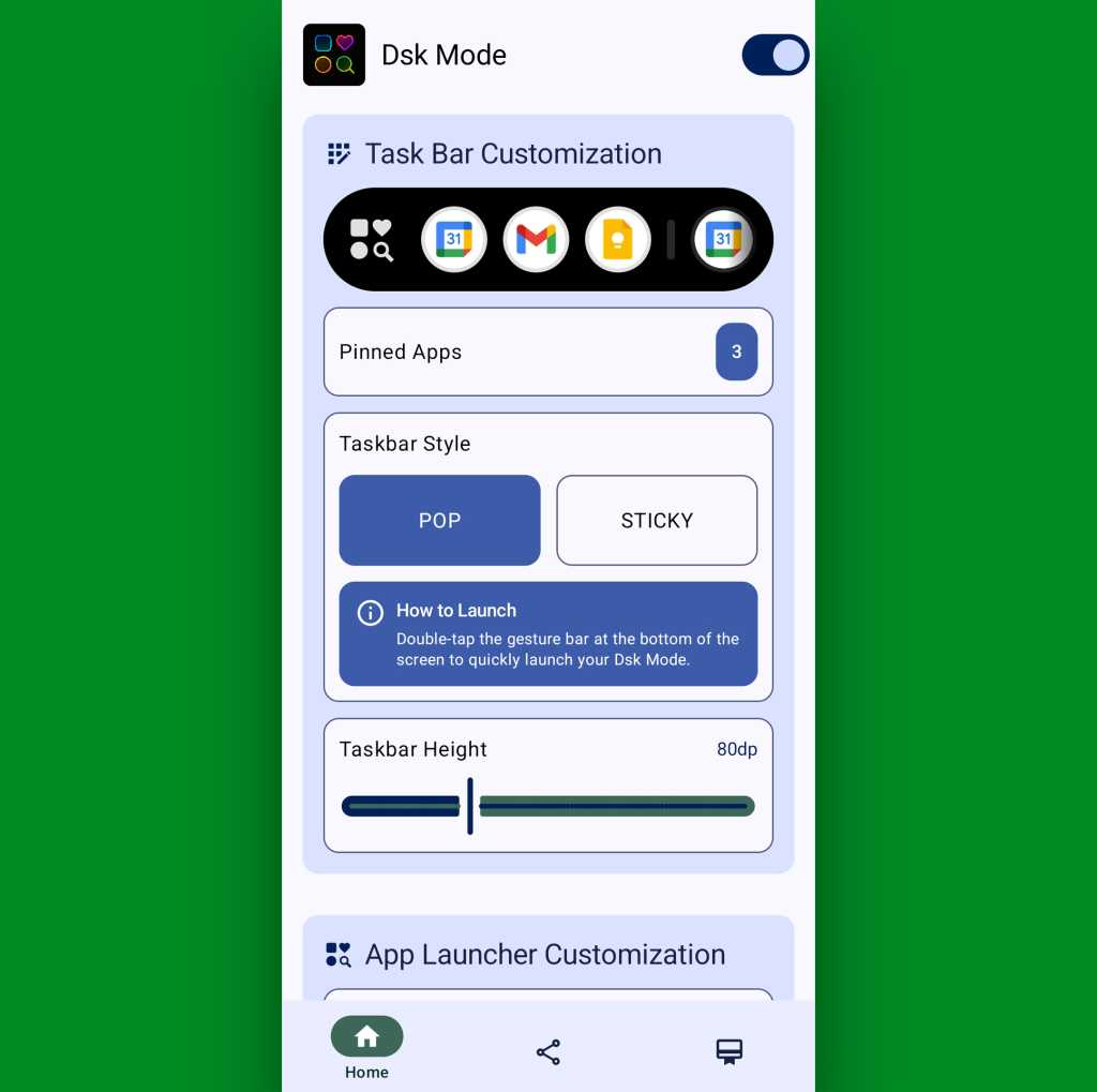 Android taskbar: Dsk Mode settings