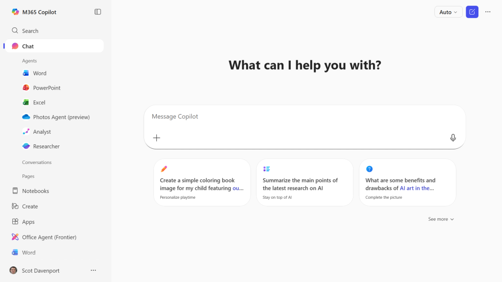 screenshot of the m365 copilot web app featuring the copilot chat interface