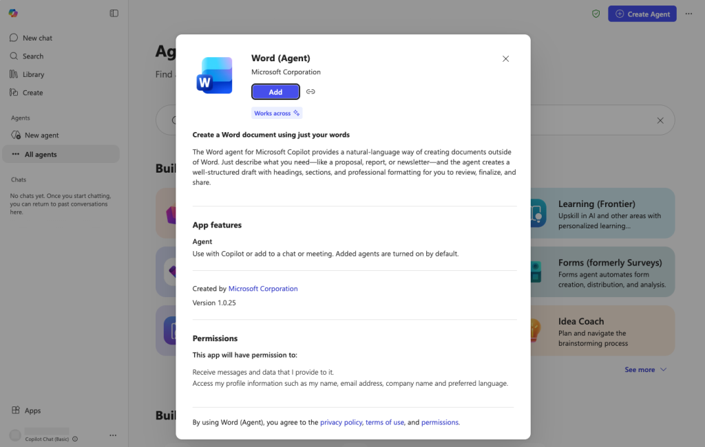 screenshot of copilot chat with pop-up screen with info about word agent