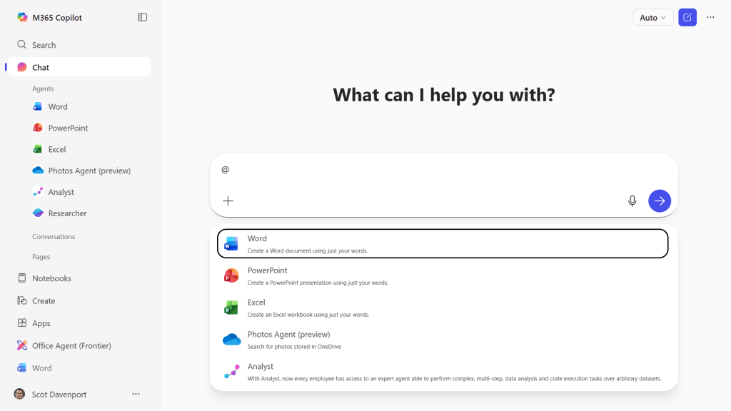 screenshot of copilot chat app with m365 agents in drop-down menu