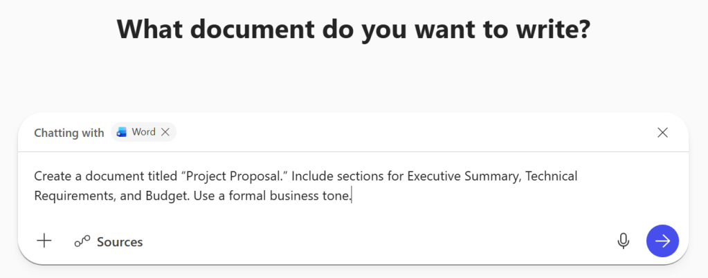 screenshot of word agent in copilot chat with a document request prompt typed in