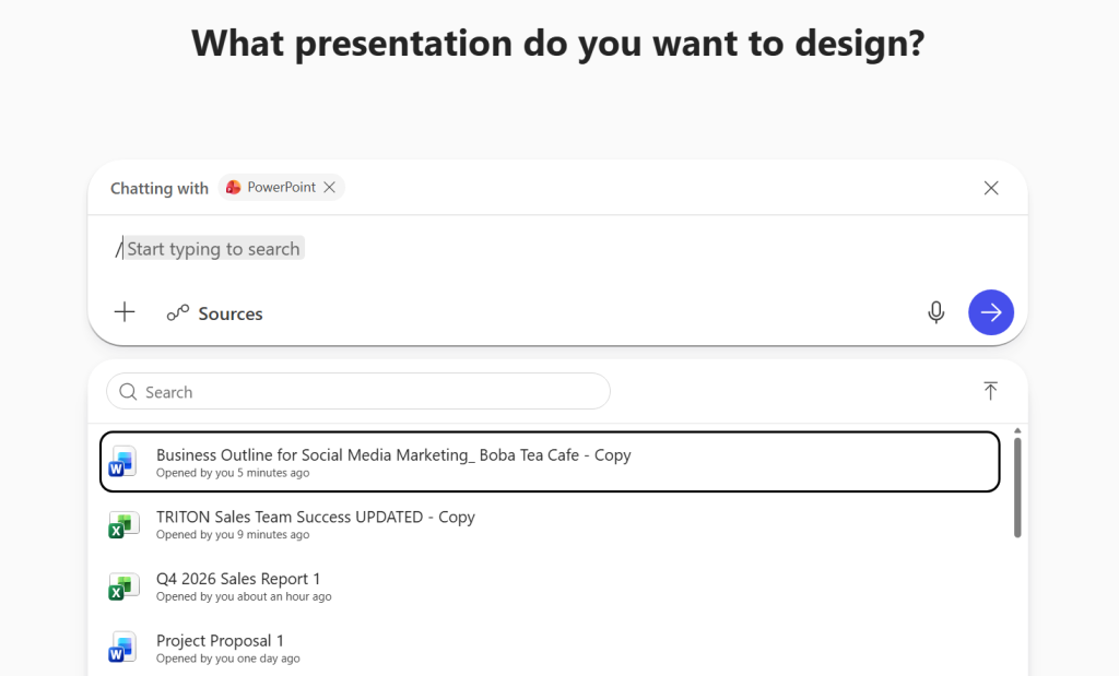 screenshot of powerpoint agent in copilot chat with list of documents for upload