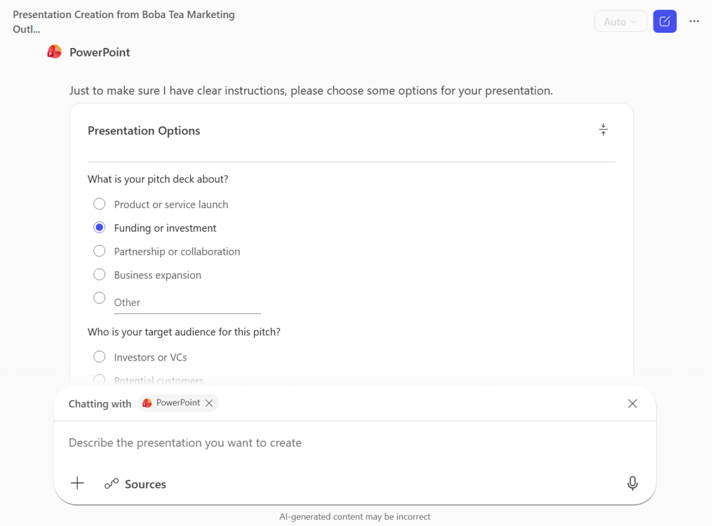 screenshot of powerpoint agent in copilot chat asking questions about the presentation to be generated
