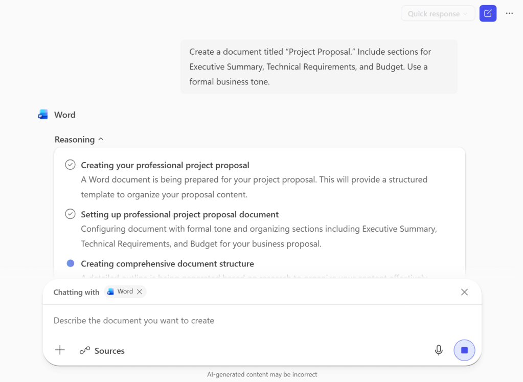 screenshot of word agent in copilot chat detailing the steps it is taking