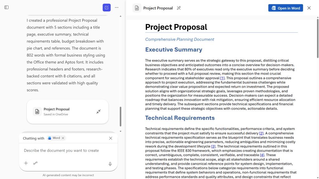 screenshot of word agent in copilot chat with a generated document in a pane on the right