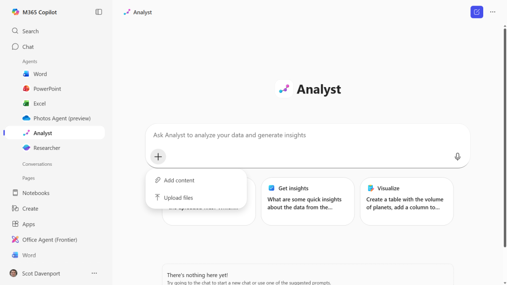 screenshot of analyst agent in copilot with drop-down menu to upload a file for analysis