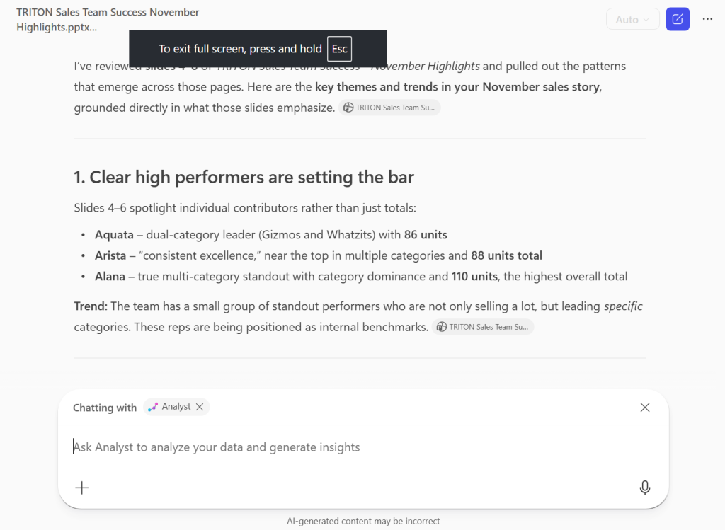 screenshot of analyst agent in copilot chat with generated analysis of a powerpoint file