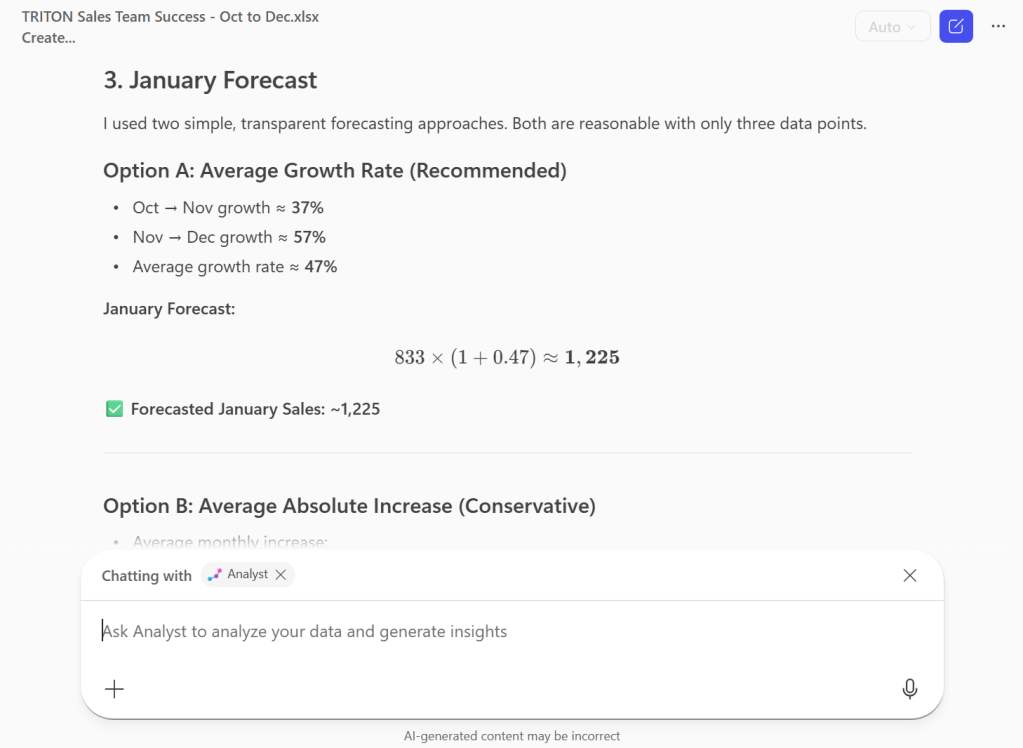 screenshot of analyst agent in copilot chat with generated forecast from excel spreadsheet data