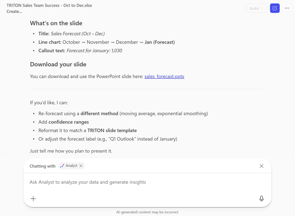 screenshot of analyst agent in copilot chat explaining how it created a sales forecast slide