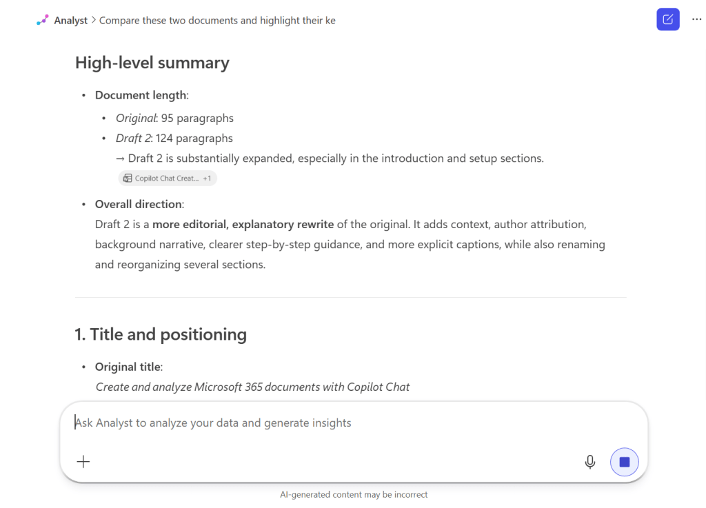 screenshot of document version comparison generated by analyst agent in copilot chat
