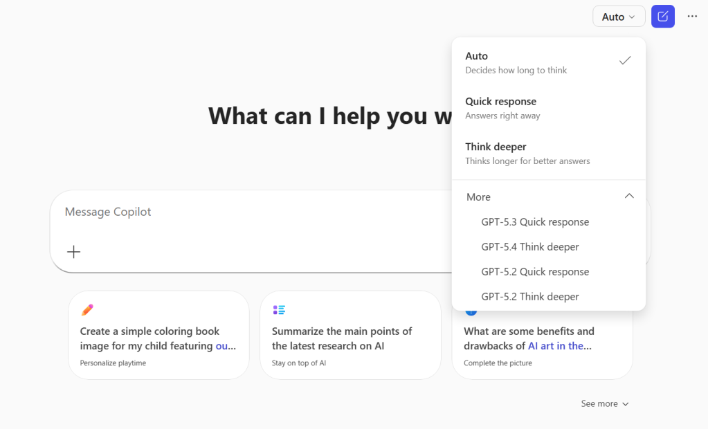 screenshot of model selection drop-down menu in copilot chat