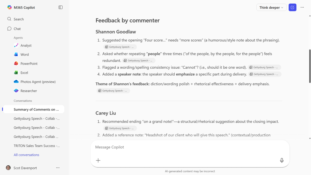 screenshot of copilot chat app with generated summary of commenter feedback in a document