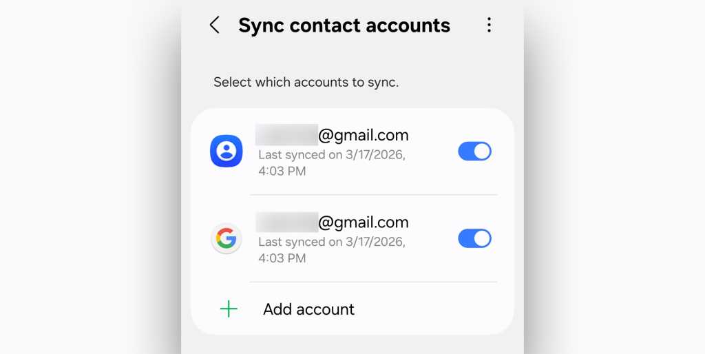 screenshot of samsung contacts app - sync accounts screen