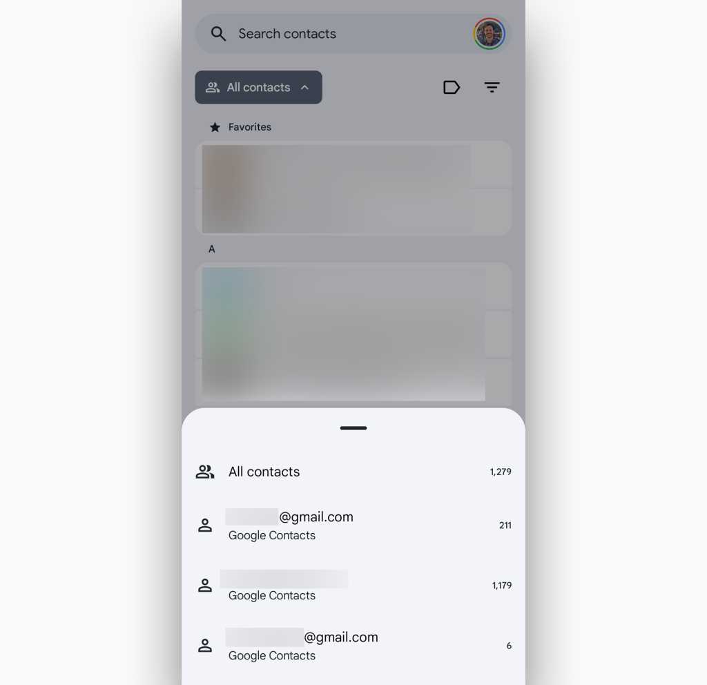 screenshot of accounts list in google contacts app