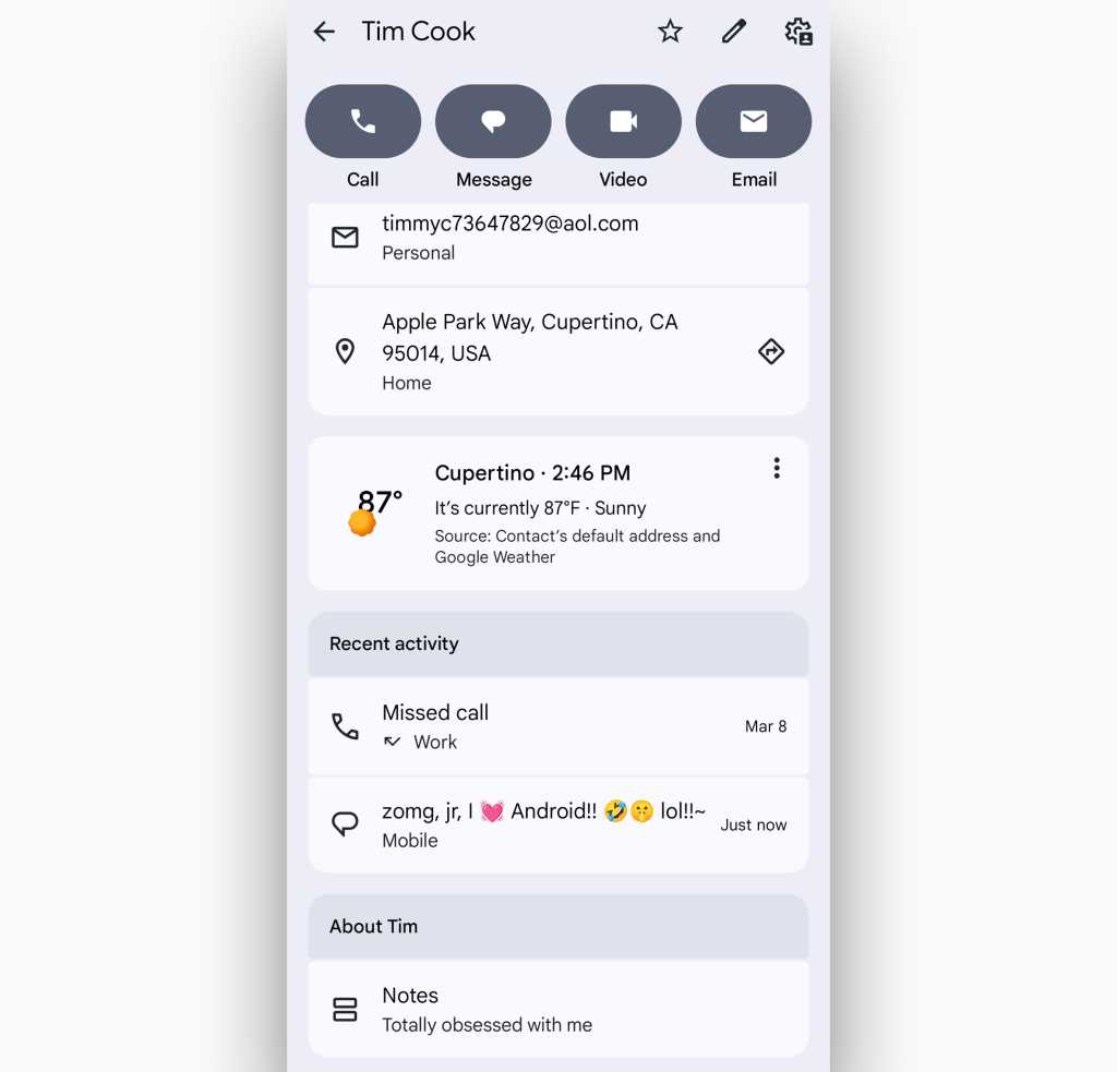 screenshot of contact details page in google contacts app - includes recent interactions and weather