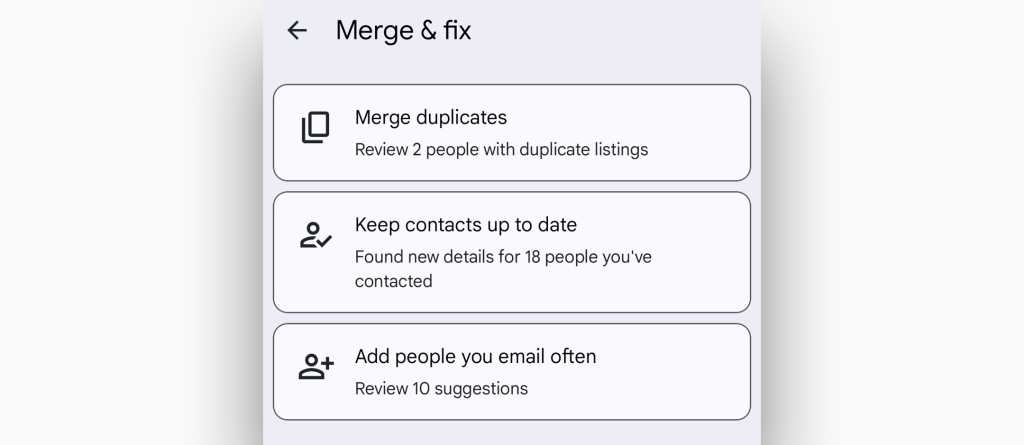 screenshot of merge and fix screen in google contacts app